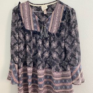 Boho Floral Quarter-Sleeve Blouse